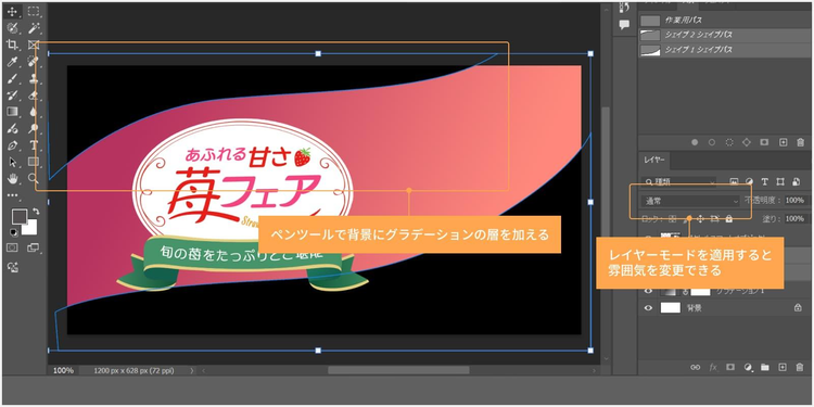 ペンツールで波のような曲線（パス）を描き、背景にグラデーションの層を加える。描いたパスにレイヤーモードを適用すると、雰囲気を変更できる