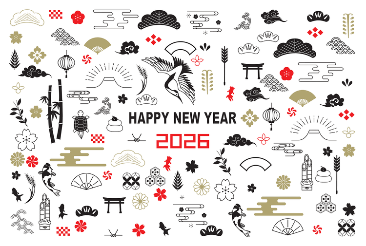 落ち着いた色合いの正月＆和風素材の線画アイコン集
