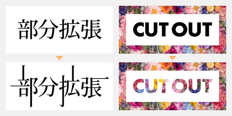 一部の線が伸びた「部分拡張」の文字と、色鮮やかな花々を背景に切り抜かれた「CUTOUT」の文字