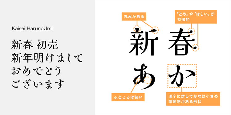 やわらかさと品を併せ持つ『Kaisei HarunoUmi』の書体解説図