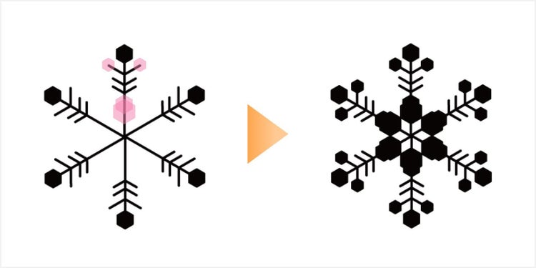 さらに六角形を加えて、雪の結晶を華やかにアレンジする