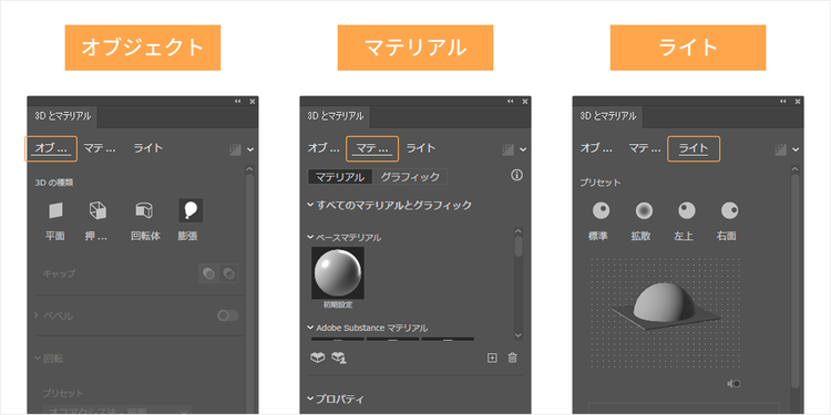「オブジェクト」「マテリアル」「ライト」のタブ毎の図示