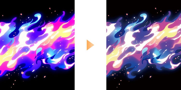 黒背景に発光の特殊効果を施した画像をRGBからCMYKに変換したBefore＆After