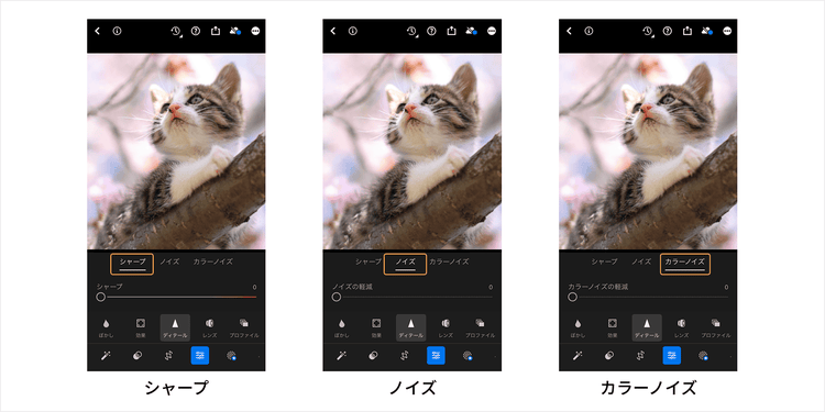 シャープ、ノイズ、カラーノイズの3つのタブを確認