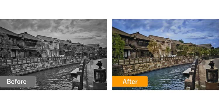 「カラー化」「写真を復元」のニューラルフィルターを使って、白黒写真をカラー化した例
