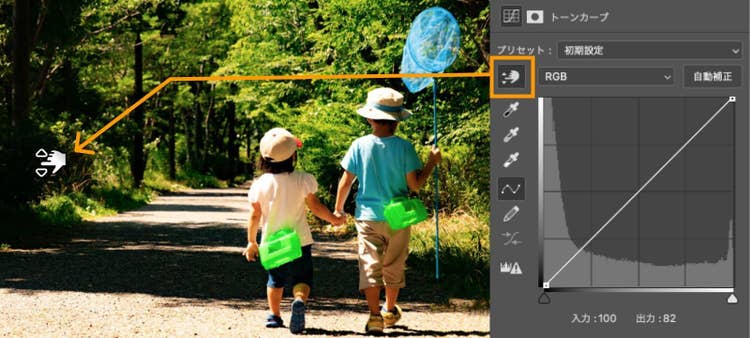 指アイコンをクリックし、画像上で上や下にドラッグすると狙った部分の明るさを調整できる