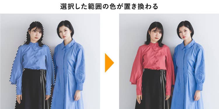 青い服を着た2人の女性の元画像と、色を置き換え機能を使って1人の女性のみが赤色の服に置き換わった比較画像