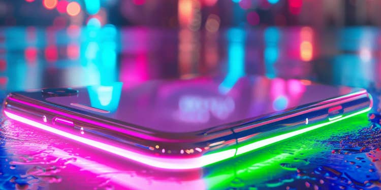 ネイビーとブルーの背景にピンク、グリーンの光を放つスマートフォン