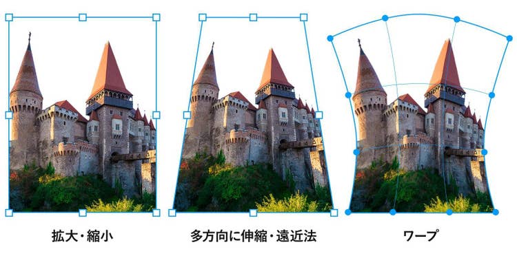 Photoshopの「拡大・縮小」「多方向に伸縮・遠近法」「ワープ」を使って画像を変形する方法