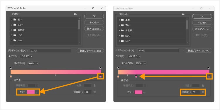 右側の分岐点を「#f15fa3」に、左側の分岐点を「#fcac80」に設定し、分岐点の位置は「20」に設定する