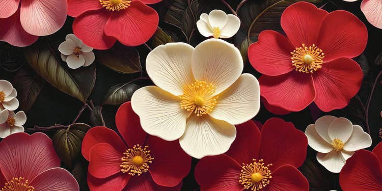 黒い背景に、赤・白の桜の花の飾り