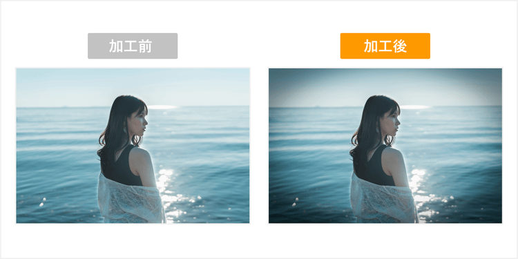 海を背景にたたずむ女性の画像を対象に、Photoshop Expressでのビネット効果の加工前後を比較した説明画像