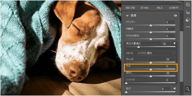 Photoshopで、ビネット効果を付与する際の設定項目（丸み）を示した図