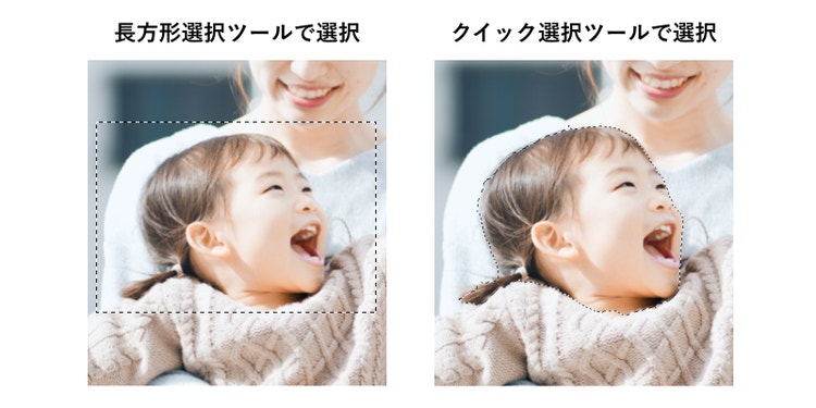 長方形選択ツールとクイック選択ツールを使って選択した例