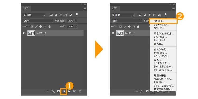 「レイヤーパネル」下部にある、「塗りつぶしまたは調整レイヤーを新規作成」から「べた塗り」をクリック