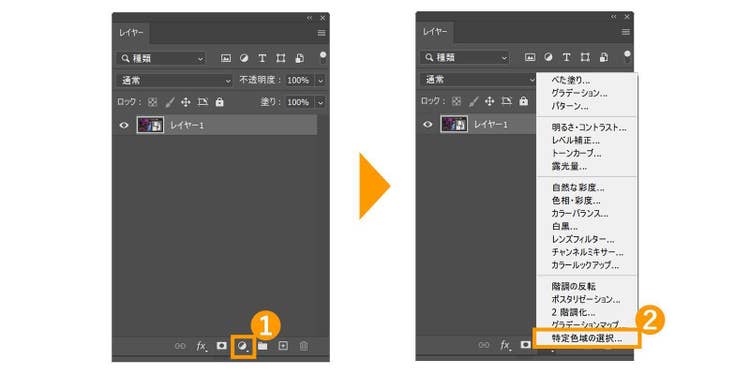 レイヤーパネルの調整レイヤーから「特定色域の選択」をクリック