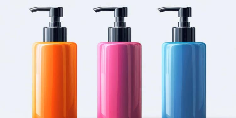 明るいオレンジ、ピンク、ブルーのボトル