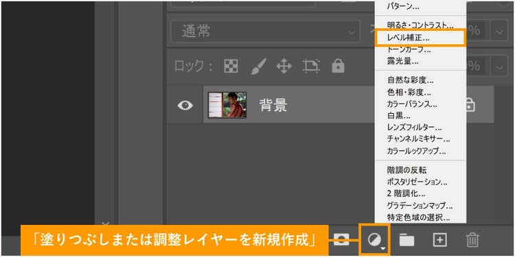 Adobe Photoshopで調整レイヤーを作成し、「レベル補正」の調整画面を開く手順を解説した画像