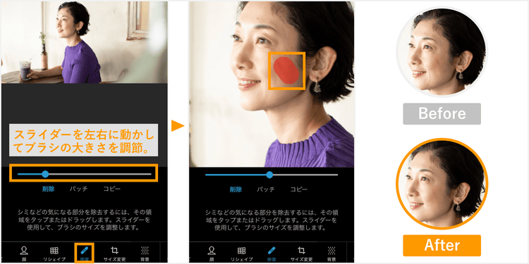 Photoshop Expressの修復機能を使い、美肌補正の手順と加工前後の比較を示す画像