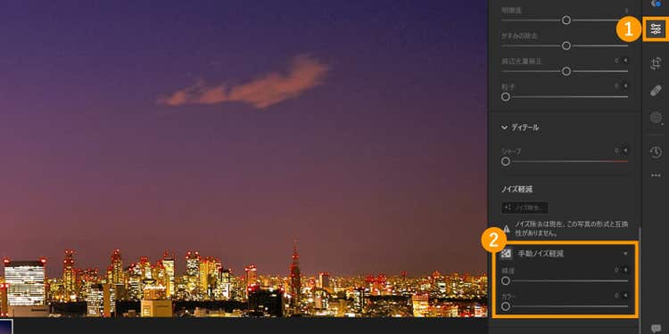 「編集」メニュー内の「手動ノイズ軽減」の項目を調整する