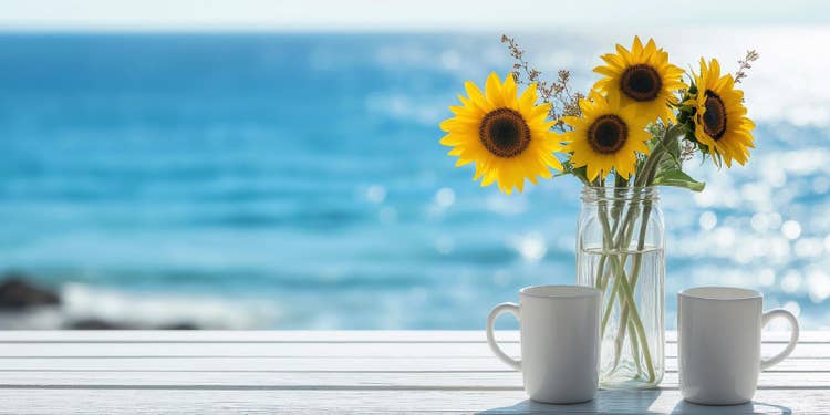 水色の海を背景にした、黄色い向日葵と白いマグカップ
