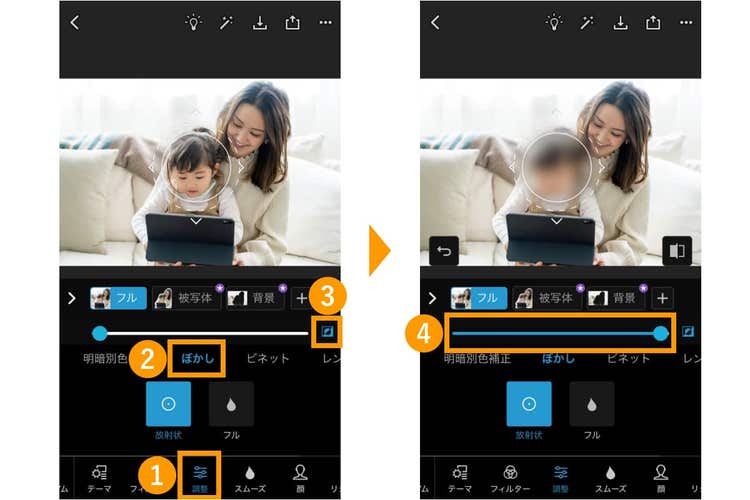 画像の一部分を丸くぼかす方法