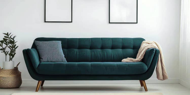 白い壁の前にブルーグリーンのソファとベージュのブランケット、観葉植物