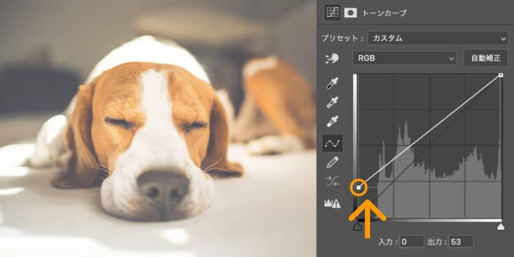 左下の最も暗いポイントを上に引き上げると、暗さが弱まり、画像全体がグレーっぽく明るくなる