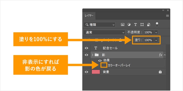 レイヤースタイルで指定した影の色は、レイヤーパネル内から非表示にできる