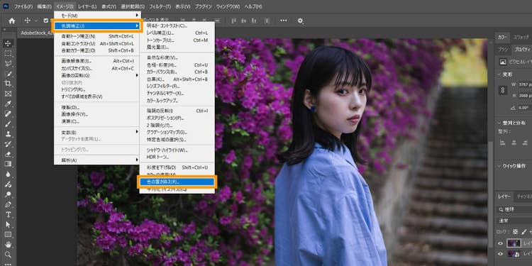 Photoshopにて、ツール上部のメニューバーの「イメージ」>「色調補正」>「色の置き換え」を選択する手順
