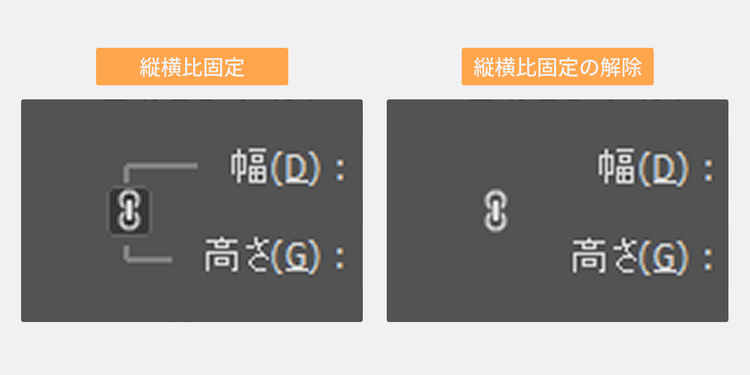 縦横比を固定した場合と、縦横比の固定を解除した場合の設定画面のUI比較