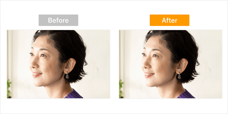 被写体によりフォーカスし、美肌加工前後の違いを示した画像
