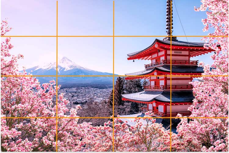 補助線付きの「四分割構図」の例