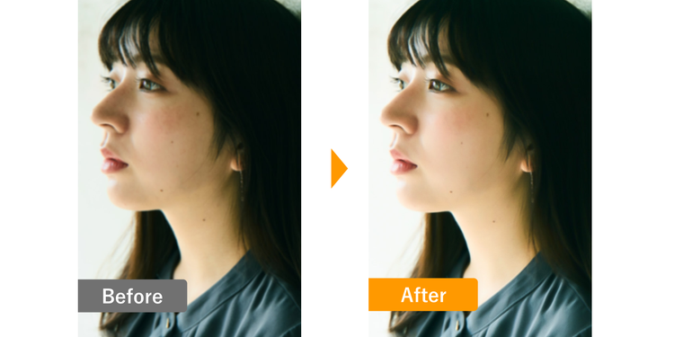 女性の横顔の写真を、Photoshop Expressを使って加工した結果