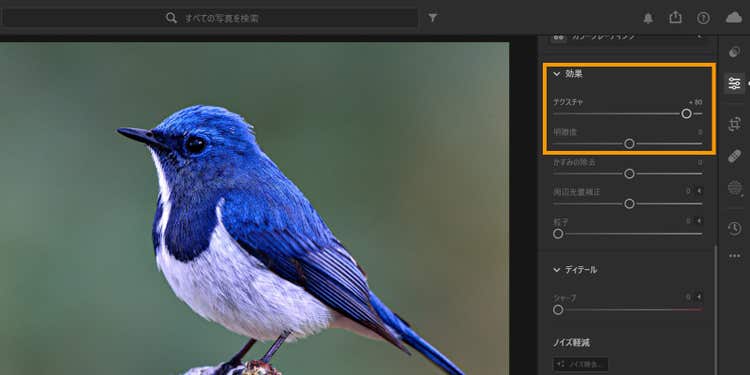 Adobe Lightroomの画面右側の「効果」から質感の調整が可能