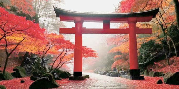 赤や黄金色の紅葉を背景にした赤い鳥居