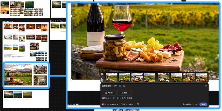 Adobe Fireflyを使い、ニュージーランドワインと料理の写真を生成してキャンペーン用ビジュアルを制作している画面。