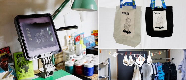 Tシャツ、バッグ等を自作する工房スペース