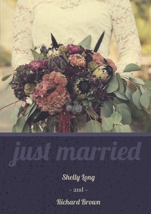 Purple Wedding Announcement Card with Photo of Bride holding Bouquet Wedding Announcement
