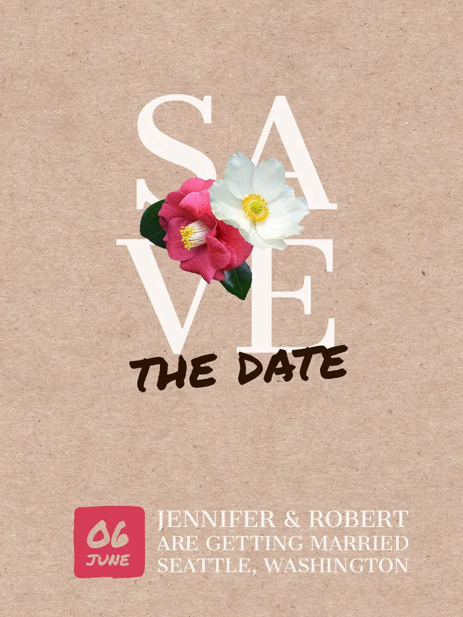 Beige Save the Date Wedding Invitation Card with Flowers