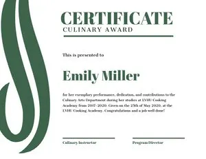 Green Culinary Award Certificate Diploma Certificate