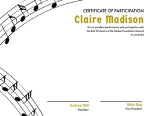 Orchestra Participation Certificate with Musical Notes Diploma Certificate