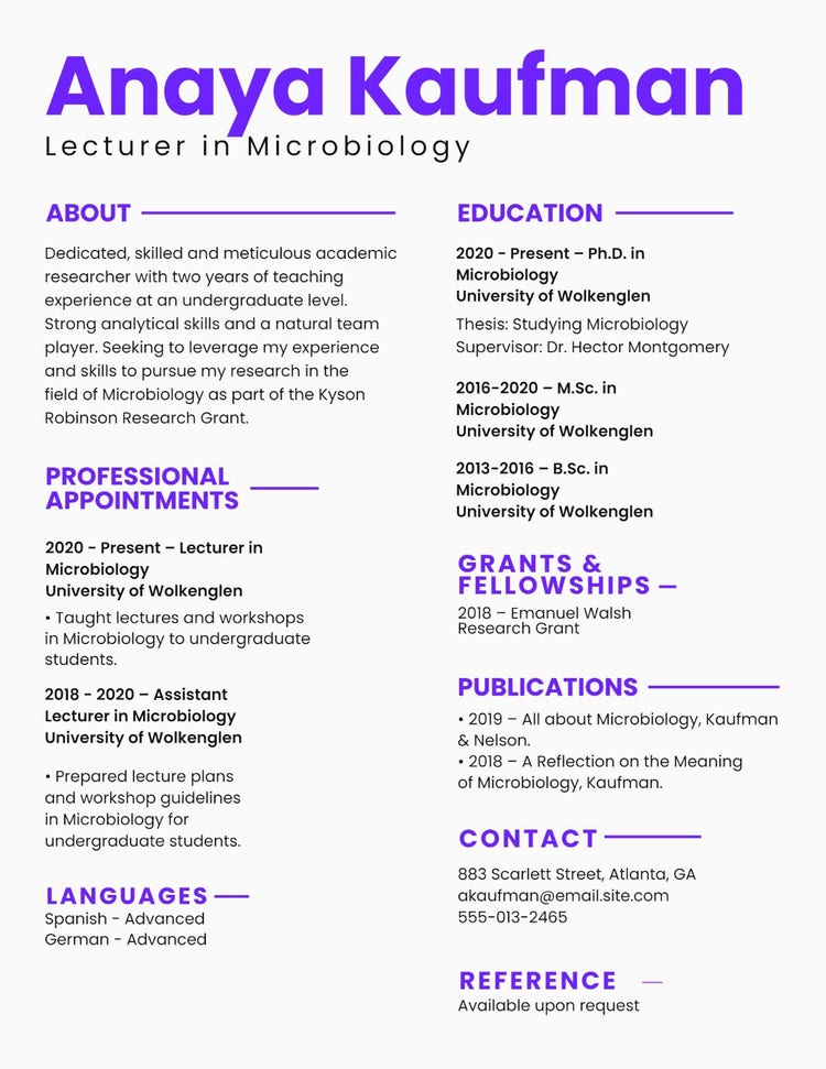 Purple White Microbiology Curriculum Vitae