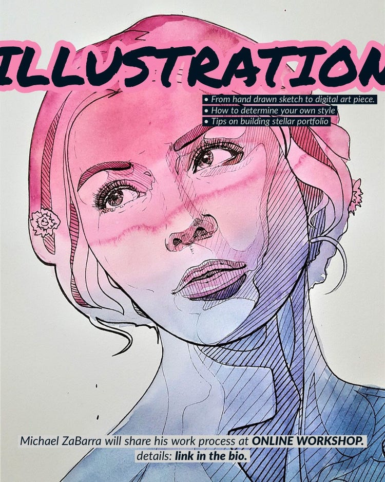 Pink and Blue Illustrated Artist Online Workshop Square Instagram Graphic Ad