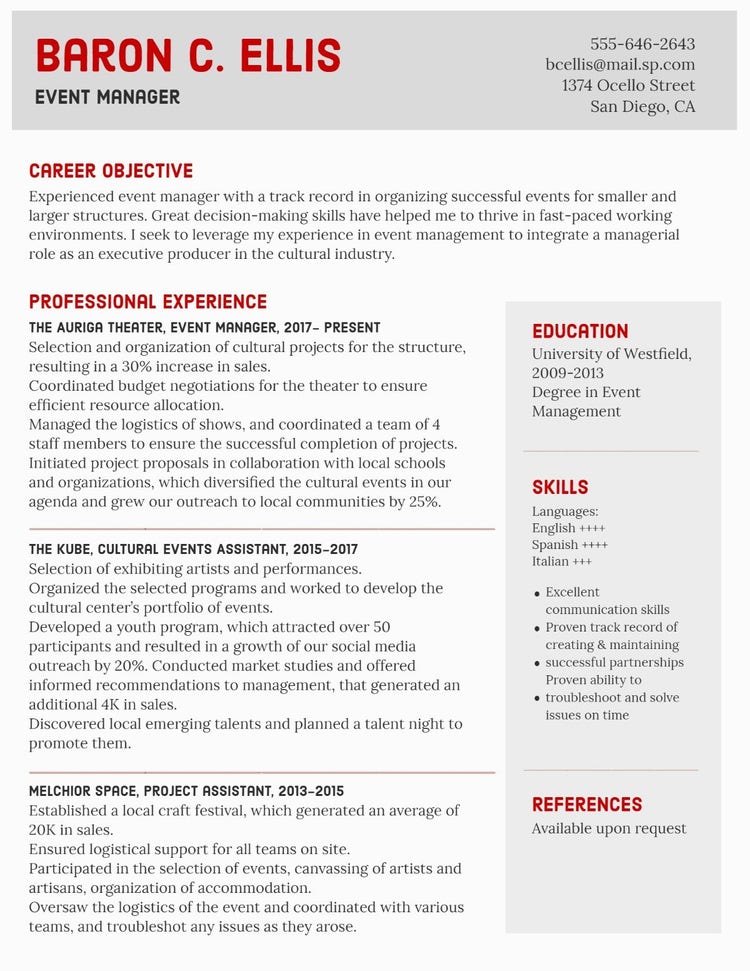Grey and Red Professional Event Manager Resume
