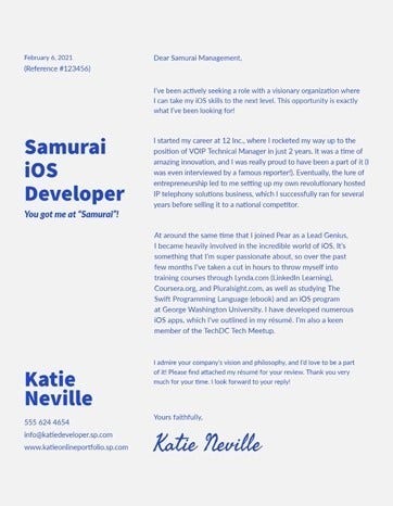 Blue White Developer Job Cover Letter