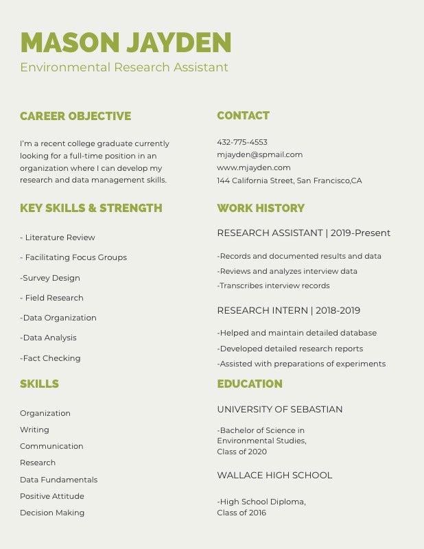 Green Environmental Research Assistant University Student Resume