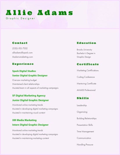 Pink White And Green Graphic Designer Resume