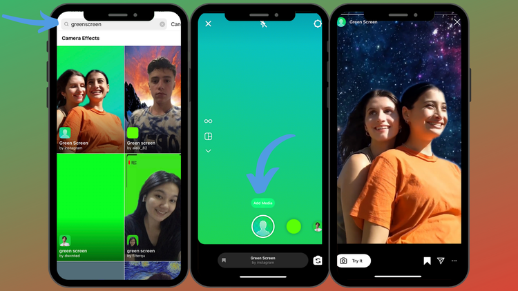Instagram green screen Three slides showcase how to use green screen effects on Instagram Stories
