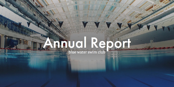 Swim club annual report cover. Features an indoor swimming pool in the background.